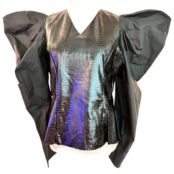 N BY NANCY Tops - #A029 - Black faux leather exaggerated sleeves top by N by Nancy